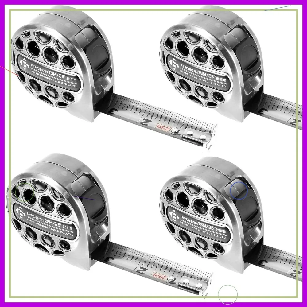 

4-Pack Retractable Tape Measure 25ft/7.5m, Stainless Steel Dual-Sided Blade, Easy-Read Markings
