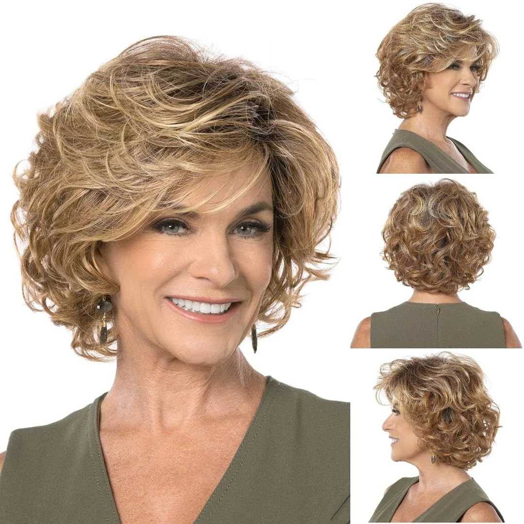 

Fashionable women's wig, mixed colors, fluffy small curls, short style, suitable for various parties and gatherings.