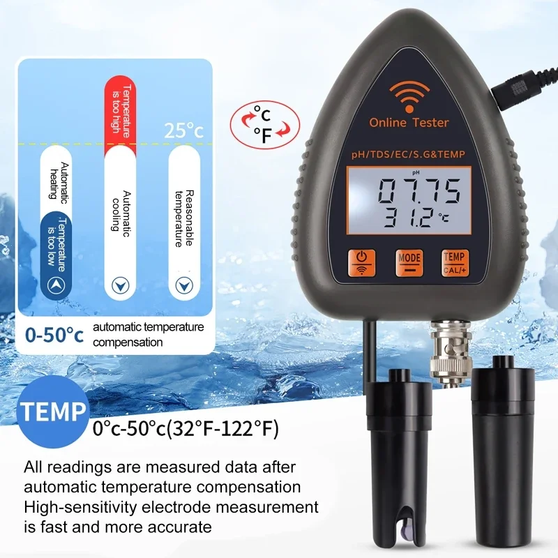 Bluetooth wifi 5 em 1 testador de qualidade da água monitor ph tds temp ec sg analisador salinidade lcd medidor de ph para água potável aquário
