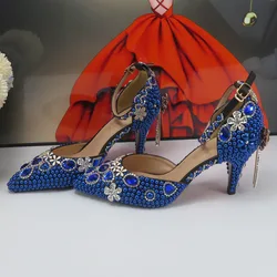 Scarpe da sposa moda perla blu royal scarpe a punta donna tacco sottile scarpe da festa di nozze poco profonde pompe alte scarpe femminili fatte a mano