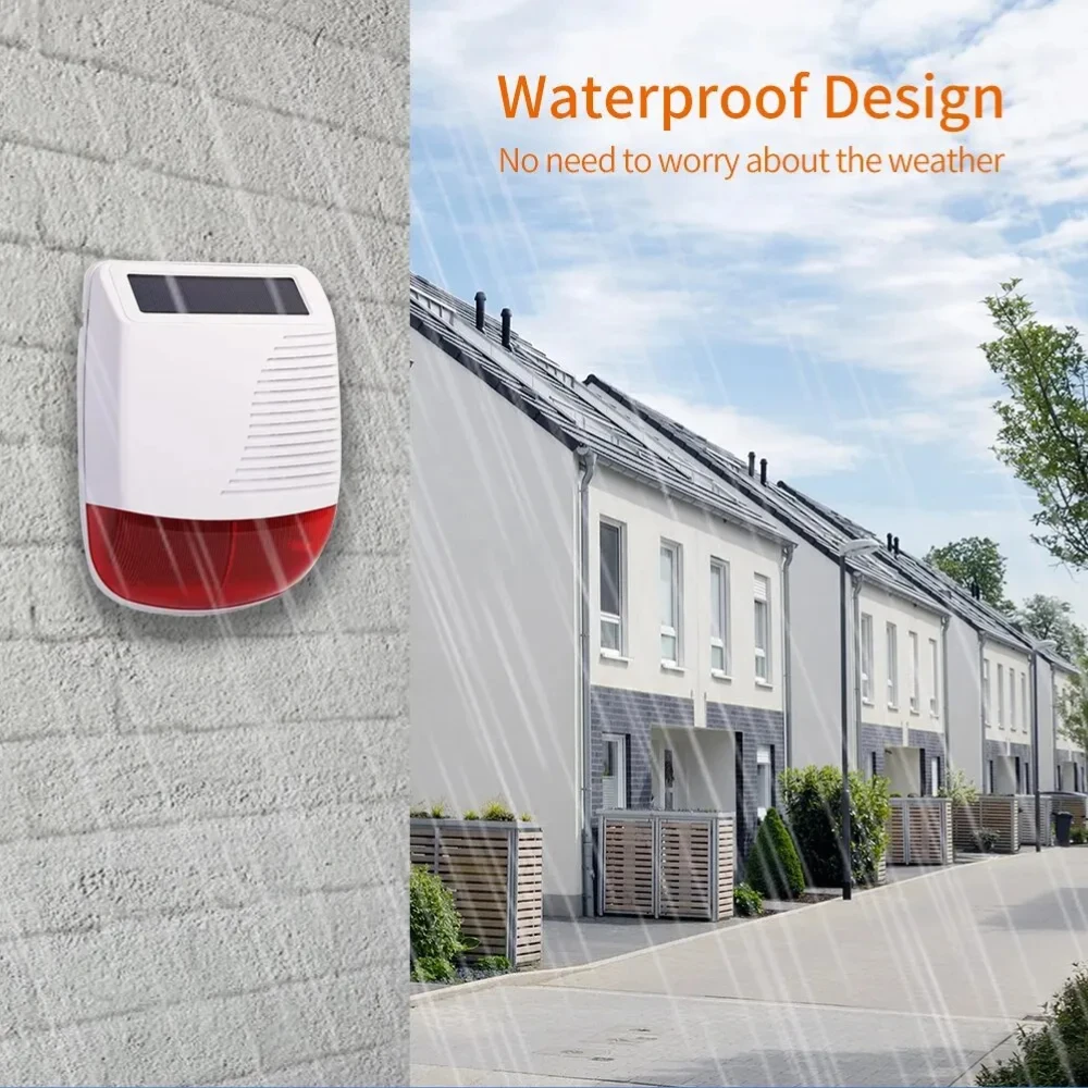 Solar Wireless Security Siren 433MHz - 120dB Loud Outdoor Alarm + Strobe Light, Waterproof Smart Home Burglar System