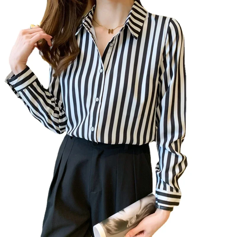 Fashion Women\'s Shirt 2024 Black and White Striped Tops for Women Versatile Polo Neck Clothing Long Sleeve Woman Basic Shirts OL