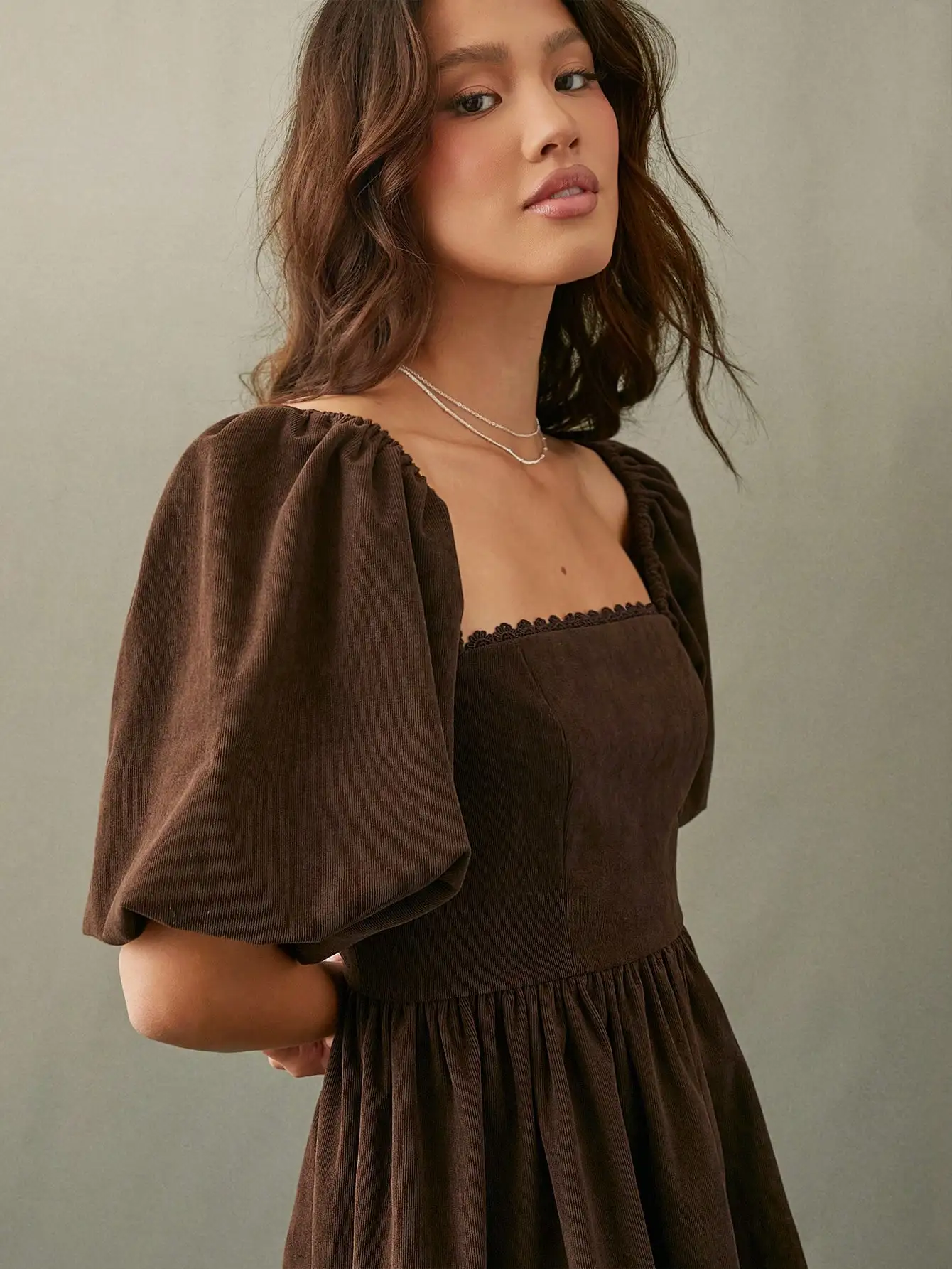

Brown Corduroy Square Neck Puff Sleeve Babydoll Mini Dress