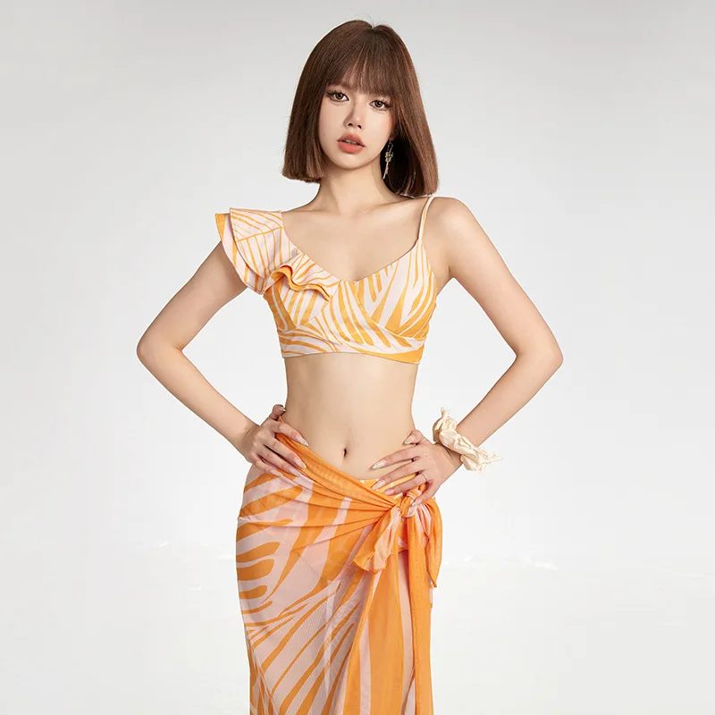 Koreaanse gele print hoge taille bikini set cover-up badpak voor vrouwen ruche drie stukken badmode 2025, strandkleding badpakken