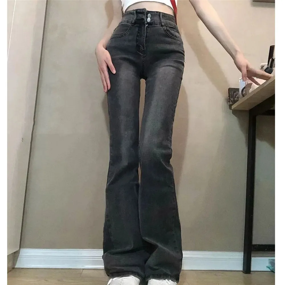 Smoky Gray Slightly Flared Jeans For Women In Autumn  Winter New High Waisted Slimming Elastic Spicy Girl Flared Pants Trend2024