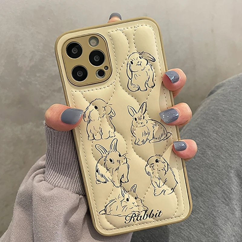 Lovely Rabbit Curve Shockproof Phone Case For iPhone 13 11 12 14 15 16 Pro Max XS XR X Soft PU Leather Silicone Cover