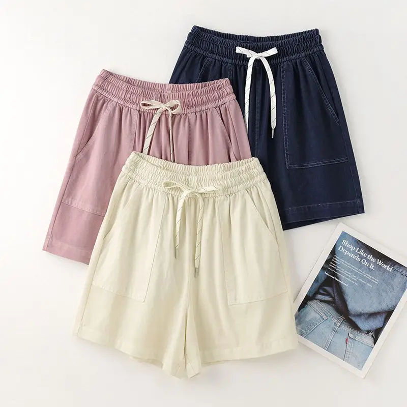 Vrouwen zomer dunne ijszijde denim shorts casual grote zakken trekkoord elastische taille korte jeans veelzijdige wijde pijpen hotpants
