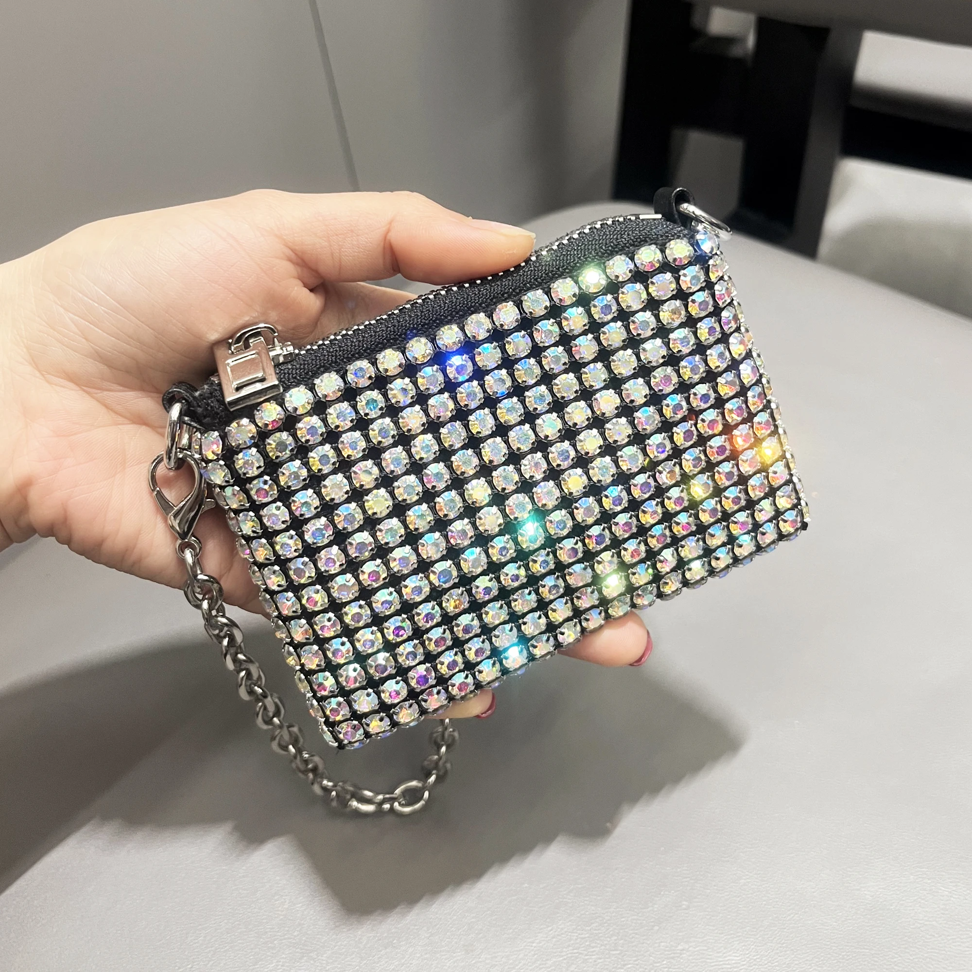 Mini Smal Bag Shiny Rhinestone Coin Purse Short Chain Coin Bag Handle Small Card Bag Handle Woman\'s  purse Design handmade