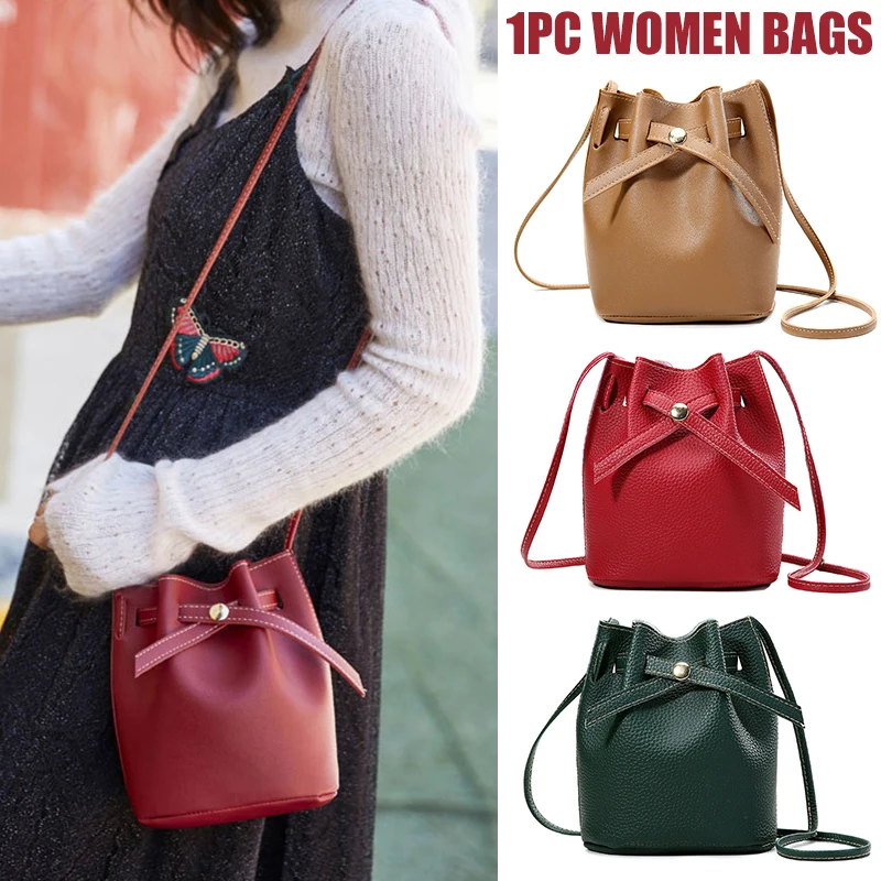 Women Large Capacity PU Leather Portable Cross Body Bucket Bag Single Shoulder Bag With Buckle