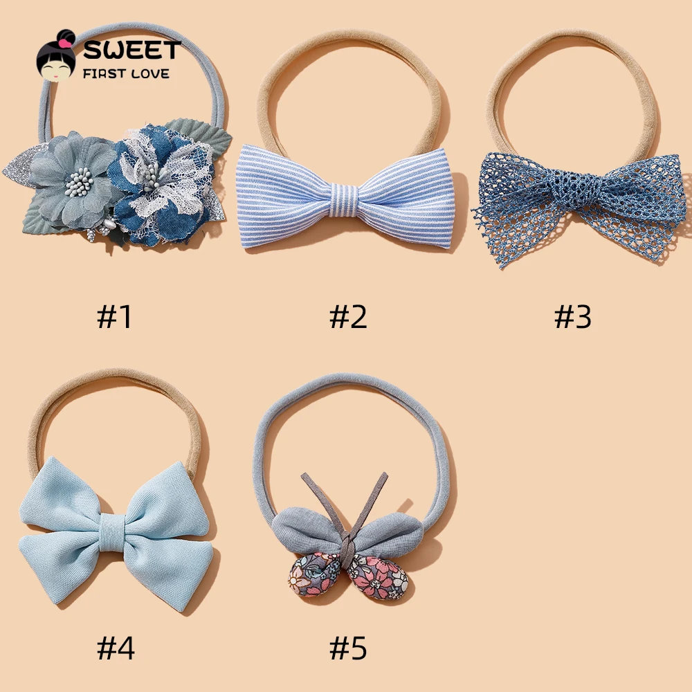 Hair Bands Newborn Blue Series Bow Flowers Headband Soft Elastic Nylon Hair Bands For Kids Girls Headwear Baby Hair Accessories