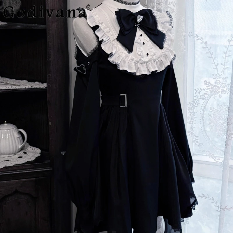 

Black and White Lolita Dress for Girls Original Design Subculture Dark Style Dress Women Lace Off Shoulder Waist Cinching Dress