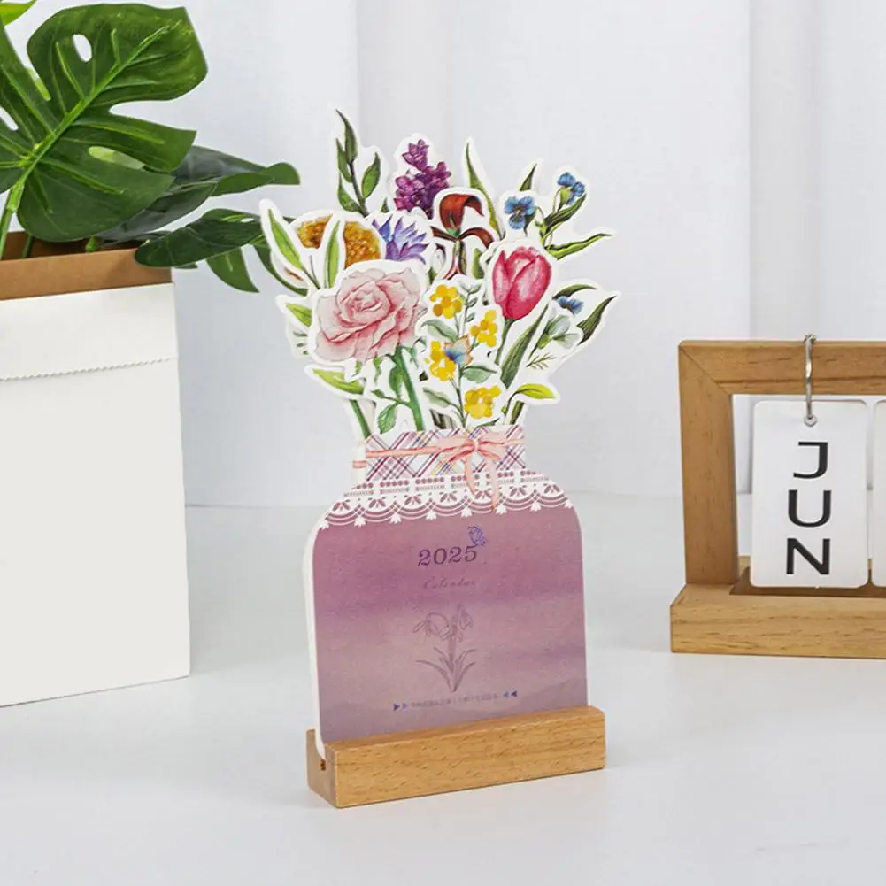 Creative Flower Small Desk Calendar Vase Shaped Creative Wooden Card Calendar Pretty Floral Desk Decor For Home Office 23x13.5cm