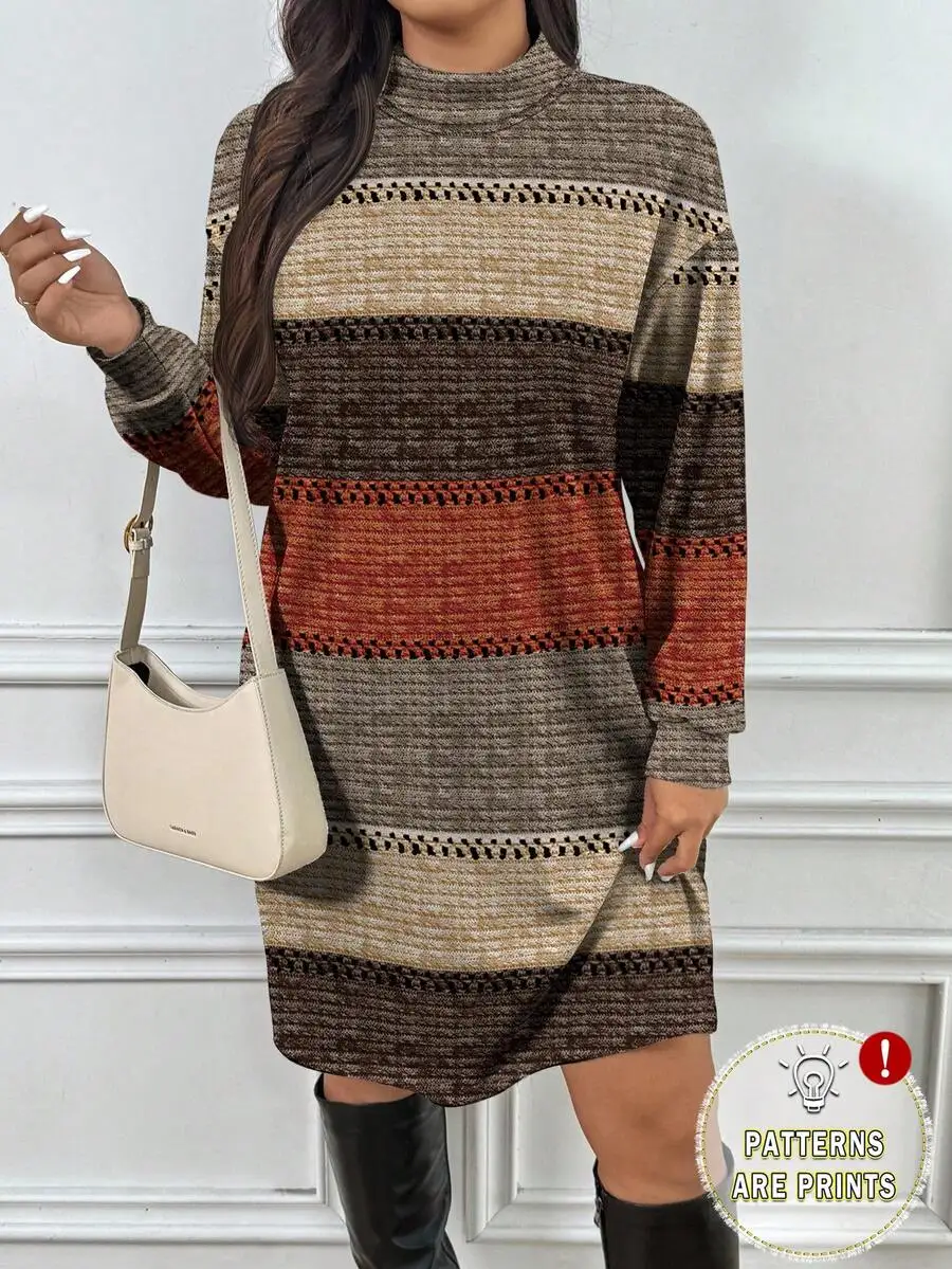 

Women's Striped Print Turtleneck Long Sleeve Knit Dress, Loose Fit, Autumn Casual