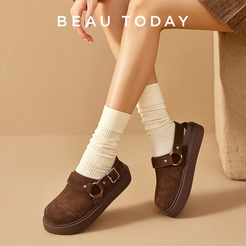 BEAUTODAY Casual Sandals Women Cow Suede Leather Flats Metal Ring Roud Toe Back Strap Ladies Outdoor Shoes Handemade 38276