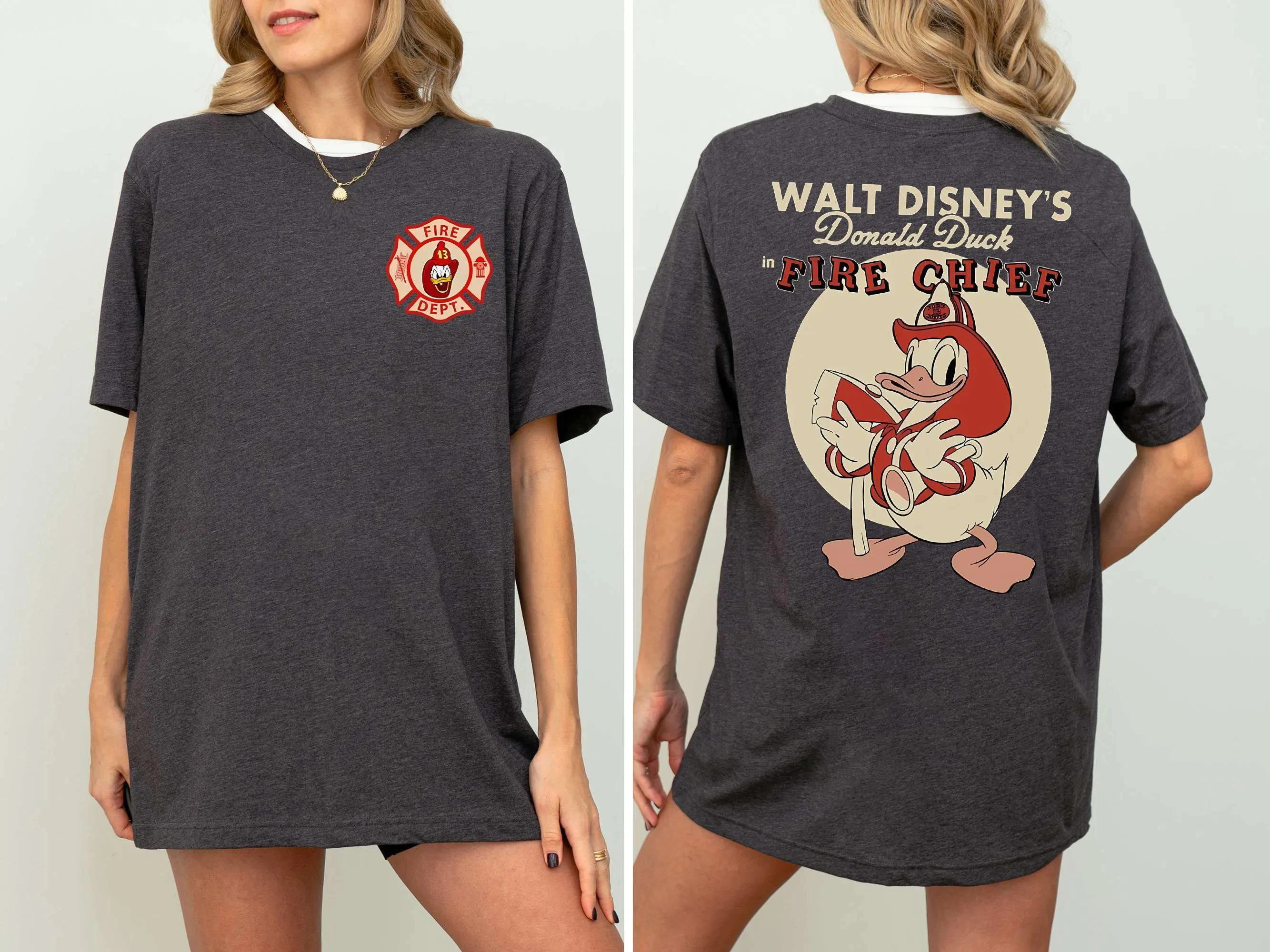 

Ретро Дональд Дак Пожарный Капитан Футболка Пожарный Моющаяся футболка Подарок на день рождения Disney Park Семейная дорожная футболка