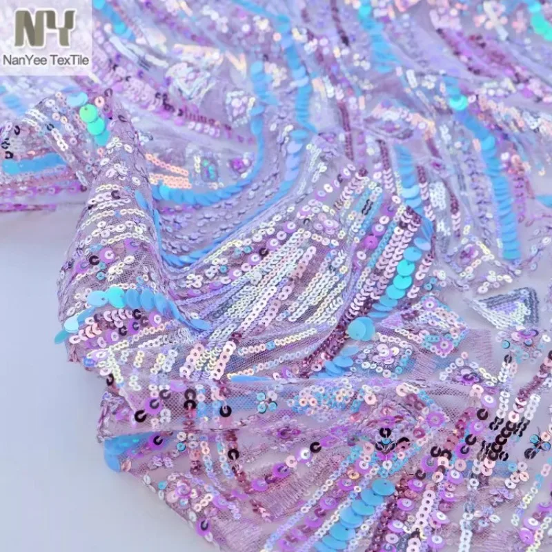 Sequin Embroidered Floral Lace Fabric for Dress Ethnic Style Multi-color Illusory Color Vertical Bar Deigner Diy Sewing Cloth