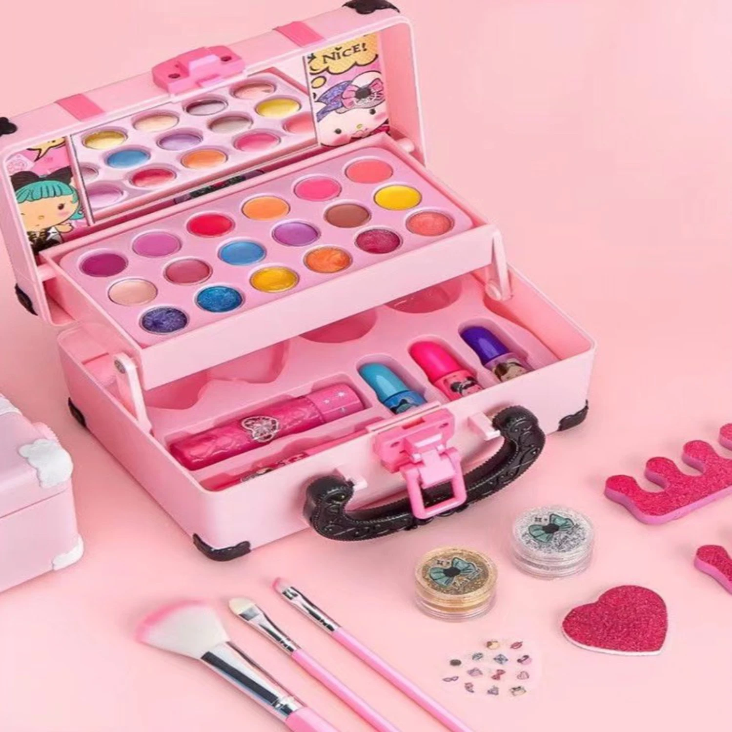 Set cosmetico lavabile Kit per trucco per ragazze per bambini Pieghevole per giocare Vanity Makeup Toy Palette Box con rossetto a specchio per ragazze