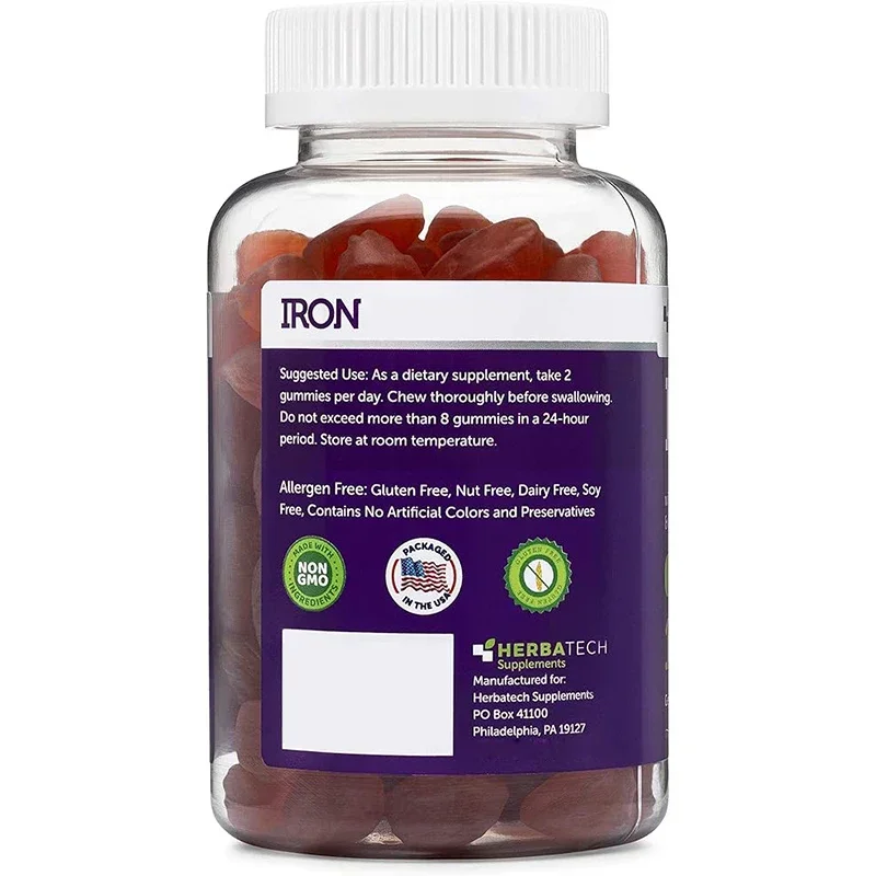 Iron gummies for adults and children, complex vitamin supplements containing iron, vitamin C, A, B, zinc, folic acid, and biotin