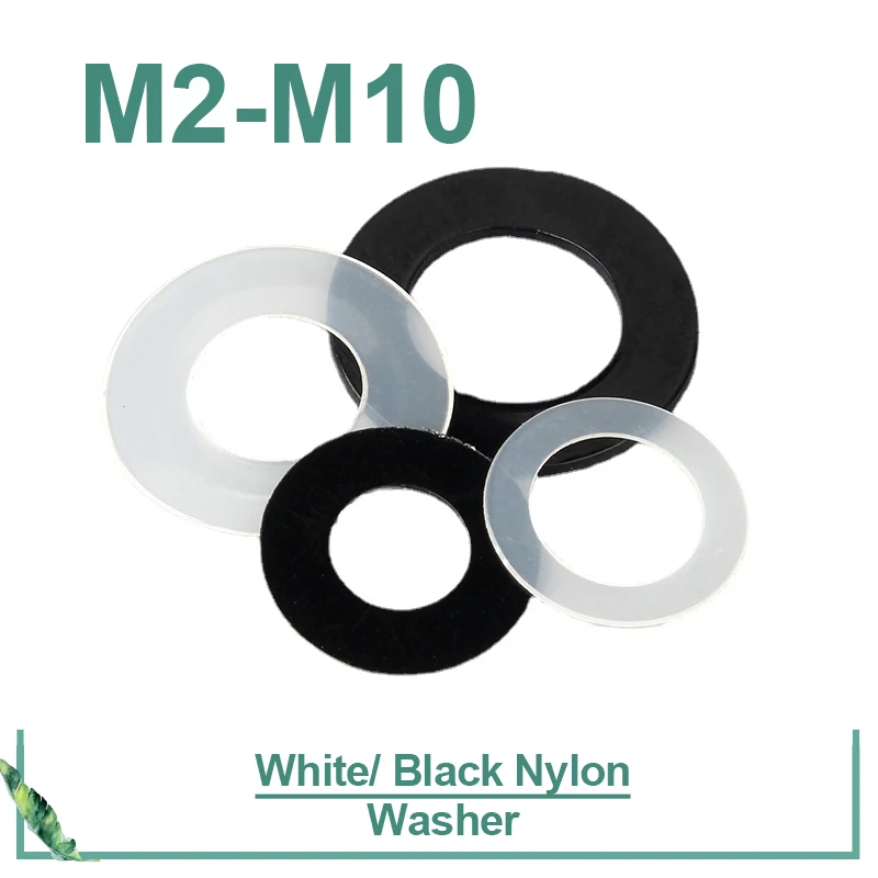 50/ 100pcs 0.3/ 0.5/ 0.8mm M2 M2.5 M3 M4 M5 M6 M8 M10 Black/ White Plastic Nylon Ultrathin Washer Flat Ring Seal Washer Gasket