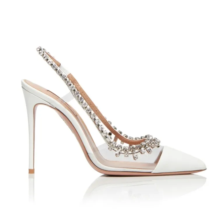 Sexy Back Strap Pure Bling Rhinestone Pumps Clear PVC Patchwork Wedding Shoes Pointy Toe Thin Heels Transparent High Heels