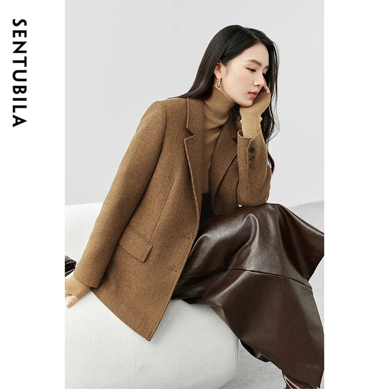 SENTUBILA Women Thick Wool Blazer Jacket 2024 Winter Solid Single Breasted Office Lady Work Business Tailoring Coat 144X56897