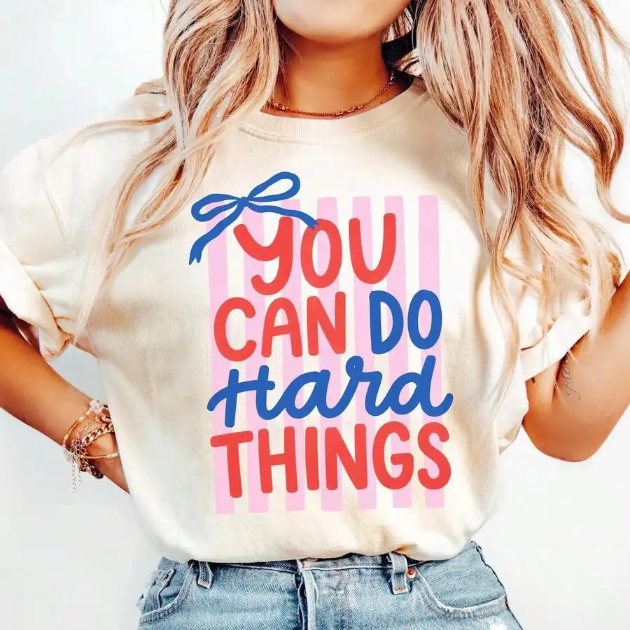 Women's Coquette Graphic Tee You Can Do Hard Things Print Bow Short Sleeve Vintage Casual T Shirt For Back To School Summer Vacation Teacher Gift Idea