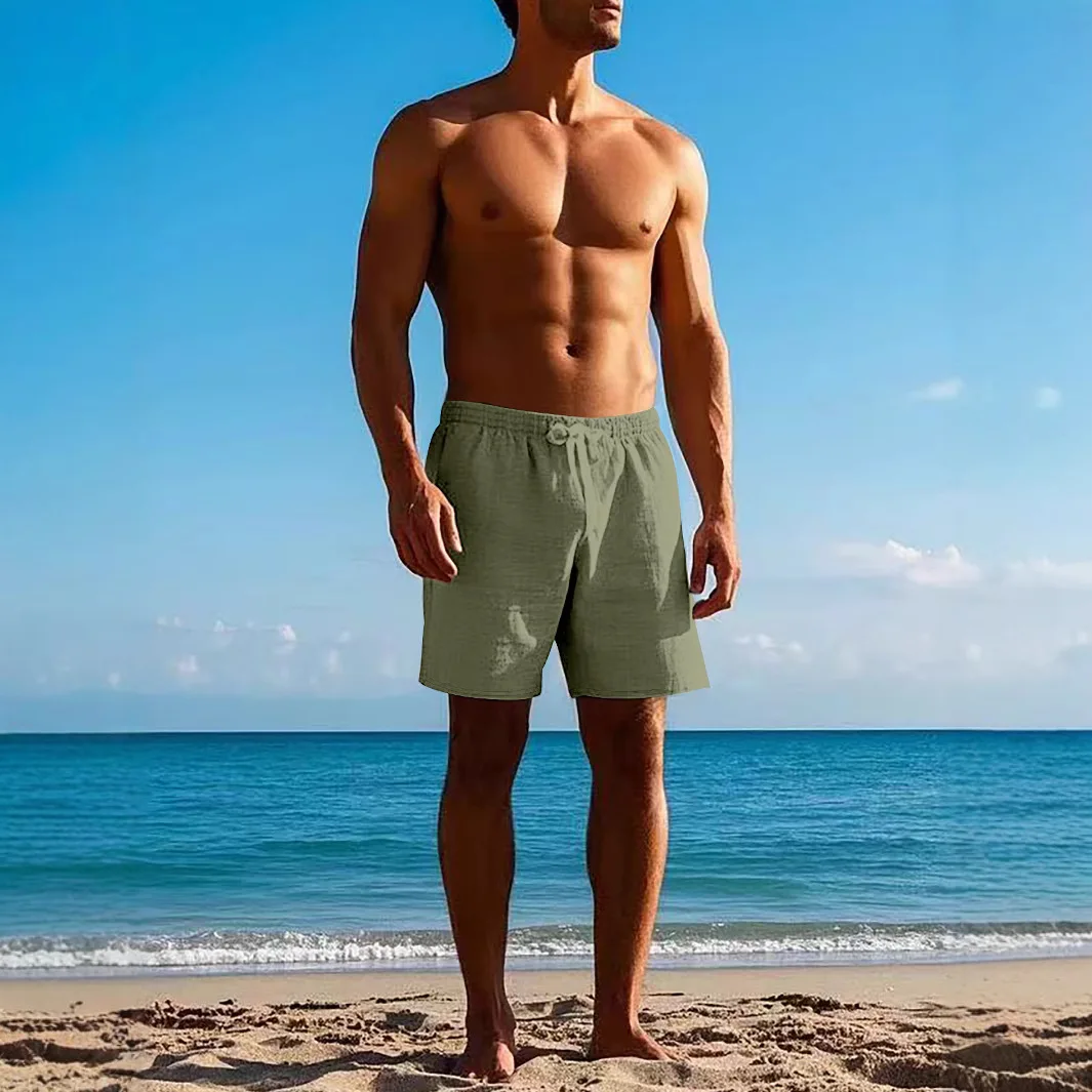 Men's Linen Shorts Pants Solid Color Pants Breathable Beach Pants Casual Five-point Pants