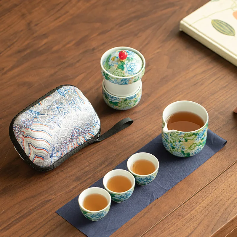 Luxury Designer Flowers Ceremony Jingdezhen Flower Enamel Travel Tea Set Portable Ceramic Quick Cup National Trend Outdoor Gift