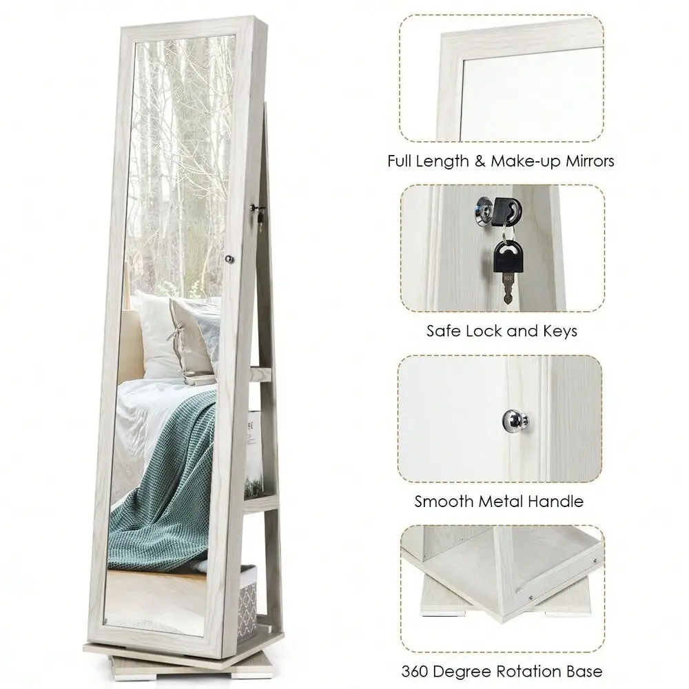 360 °   ตู้เก็บเครื่องประดับแบบหมุนได้ 2-in-1 พร้อมกระจกสีขาวแบบล็อคได้