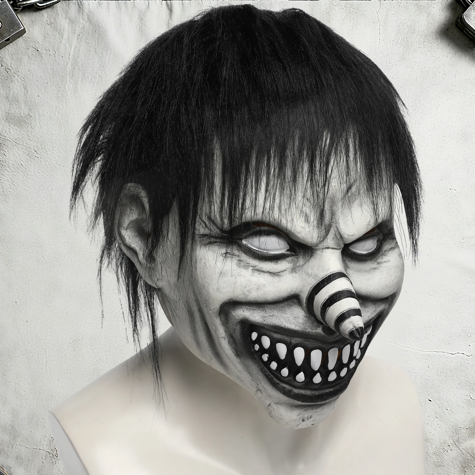 Scary Demon Clown Mask Evil Clown Mask Creepy Black Haired Clown Spiral Nose Latex Mask Halloween For Adult Cosplay Props 2