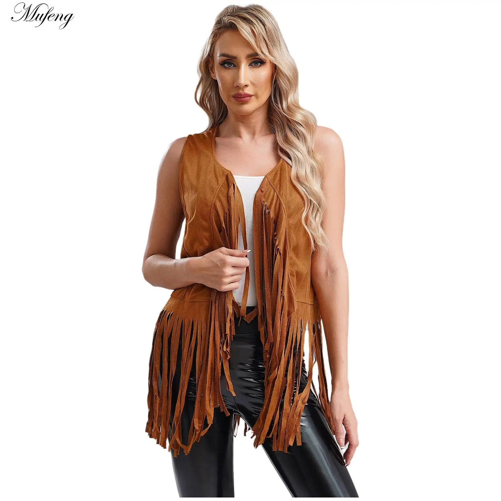 

Womens Vintage Gothic Tassel Waistcoat Sleeveless Open Front Fringe Vest Top Solid Color Cowboy Cowgirls Style Cardigan Jackets