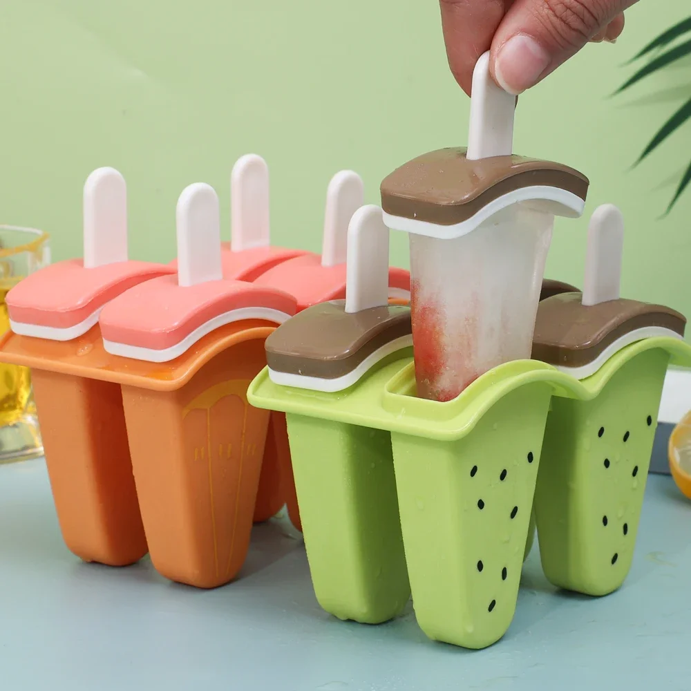 4Grids DIY Ice Cream Mold with Cover Fruit Shape Homemade Ice Popsicle Mould Frozen Juice Milk Cute Kitchen Ice Cream Make Tools