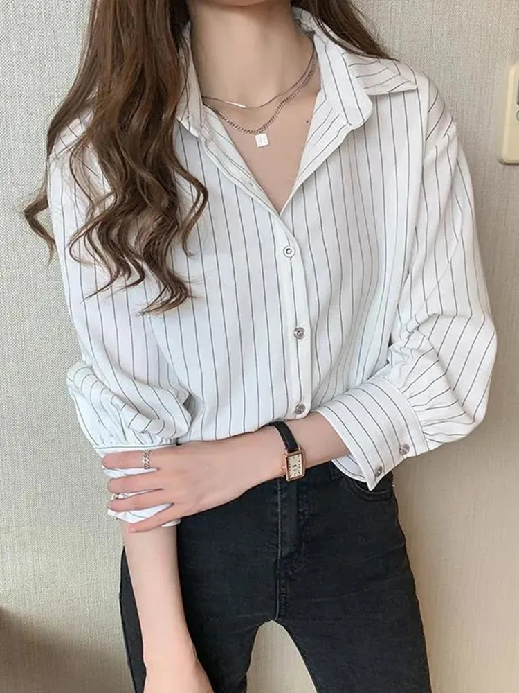 Classic Striped Shirts Women Spring Autumn Polo-neck Single-breasted Long Sleeve Cardigan Blouse Fashion Office Shirt Top Women