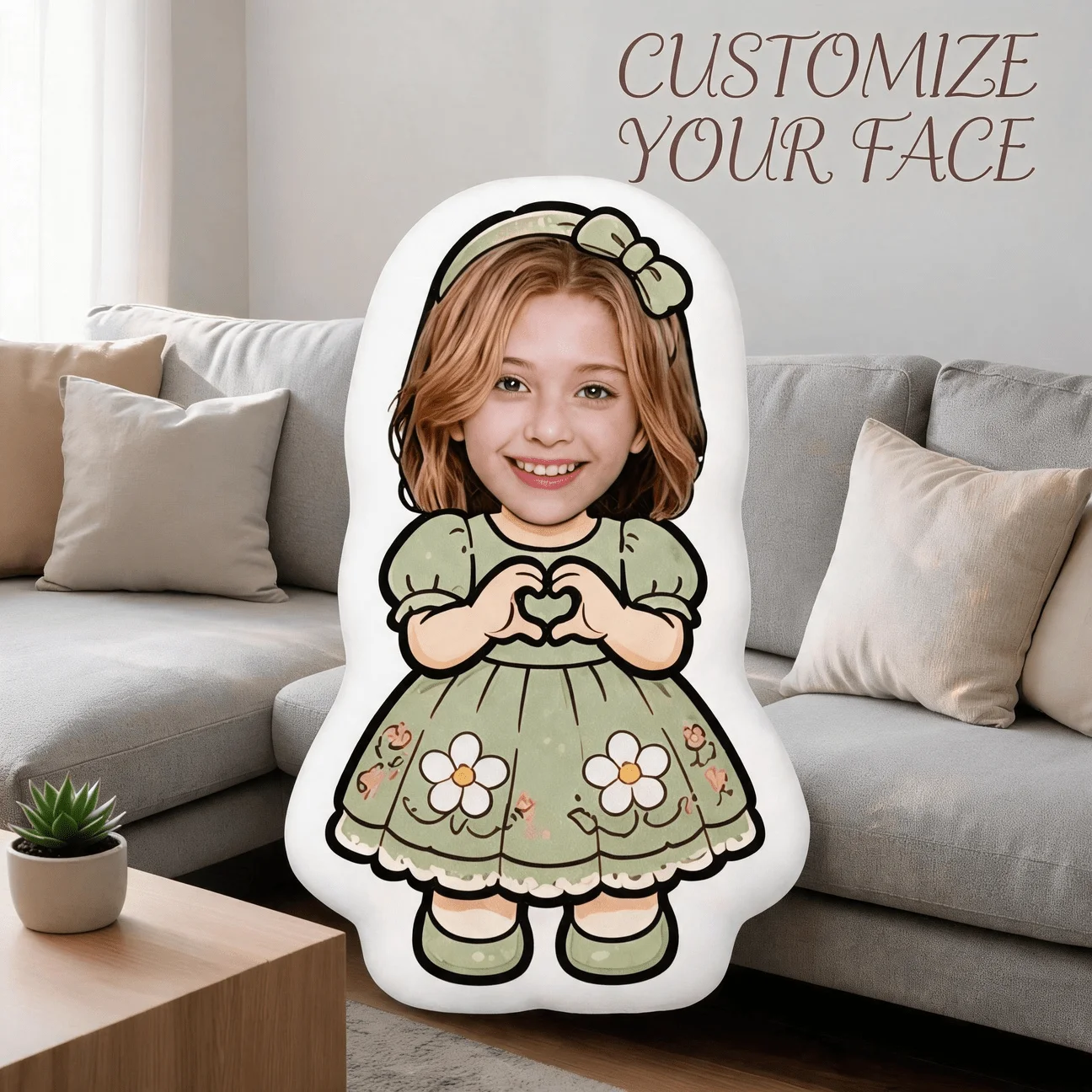 Custom Photo Shaped Pillow, Personalized Girl Portrait in Green Floral Dress Making Heart Hand Cushion Home Unique Gift Birthday