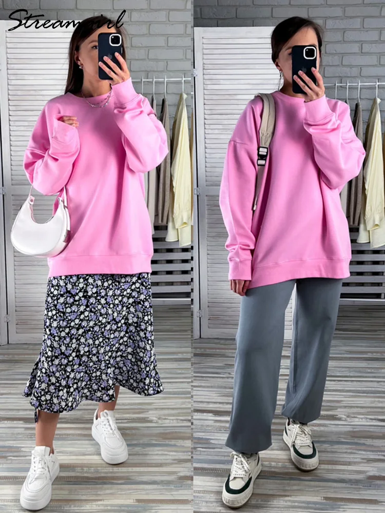 Oversize Winter Warm Sweatshirt Women Basic Tops Boyfriend Pink Loose Vintage Pullovers Women Winter Fleece Lined Sweatshirts