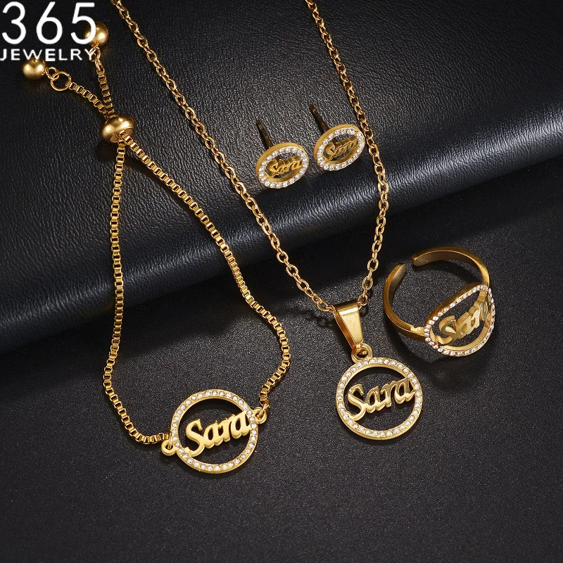 New Fashion Custom Names With Shine Stones Round Style Personalized Stainless Steel Jewelry Sets For Women Girls Christmas Gifts