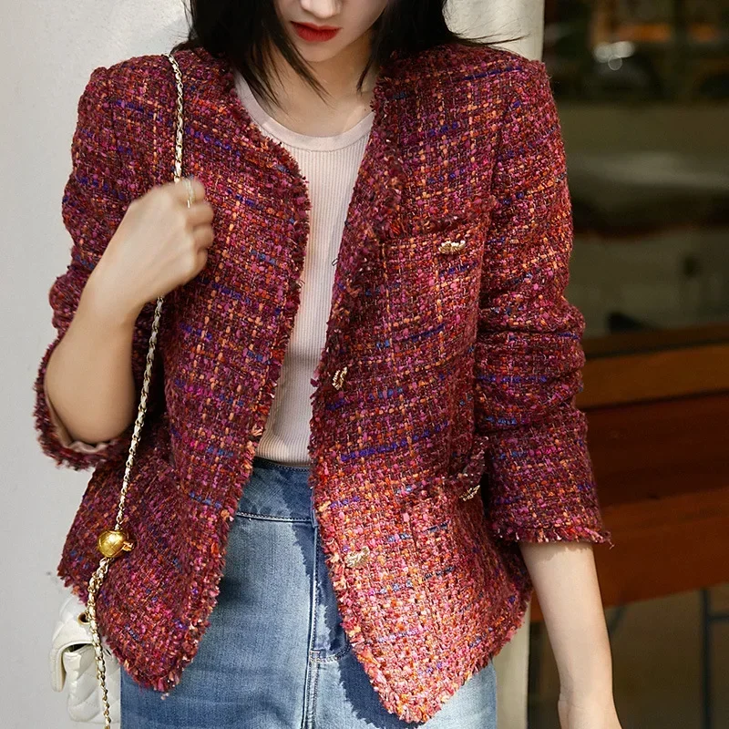 Autumn Women Wine Red Tweed Wool Jacket High-end Red Tweed Short Coat Spring and Autumn Coat Tweed Women\'s Tweed Coat