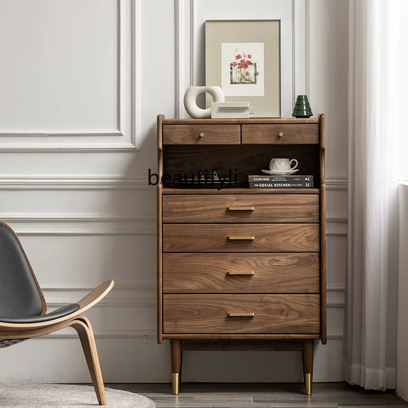 Solid Wood Living Room Chest of Drawers Black Walnut Wooden Storage Cabinet Light Luxury Sofa Copper Feet Side Cabinet