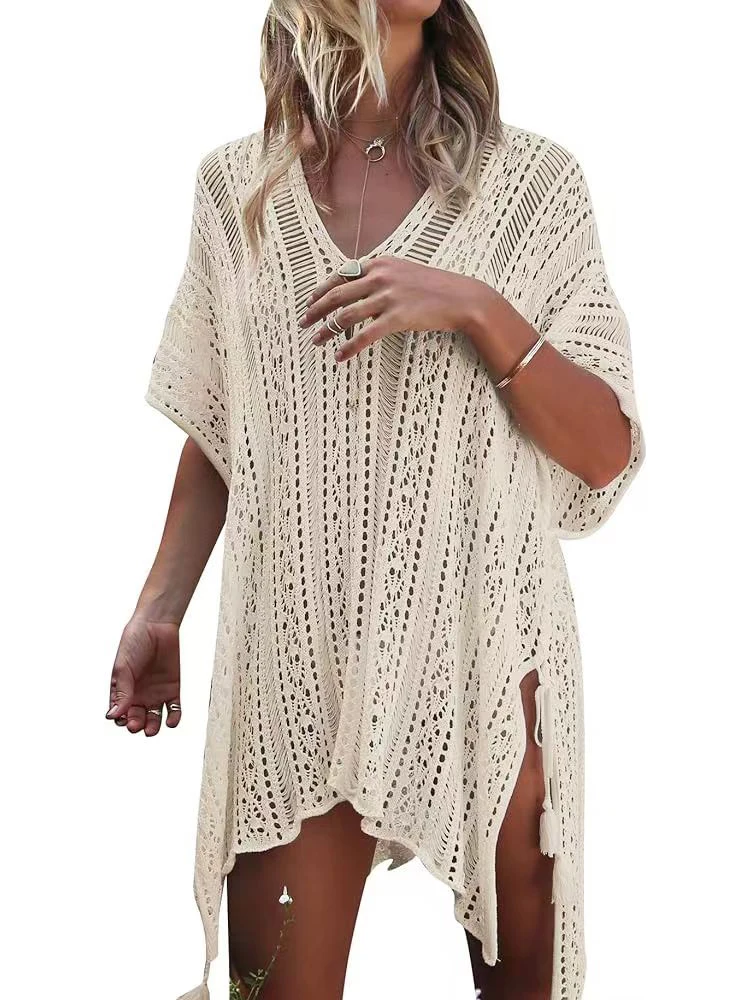

Knitted Hollow Sexy Vacation Bikini Cover up Sun Protection Clothes Women Swimsuit Bathing Suit Beach Top Swimwear Crochet Dress