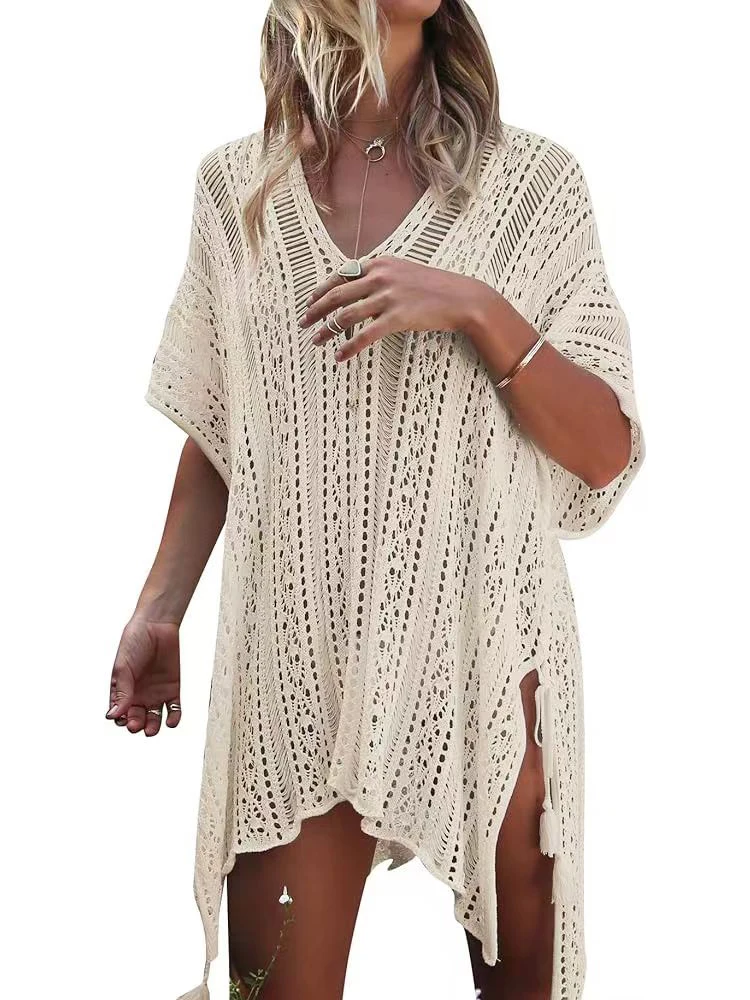 Knitted Hollow Sexy Vacation Bikini Cover up Sun Protection Clothes Women Swimsuit Bathing Suit Beach Top Swimwear Crochet Dress