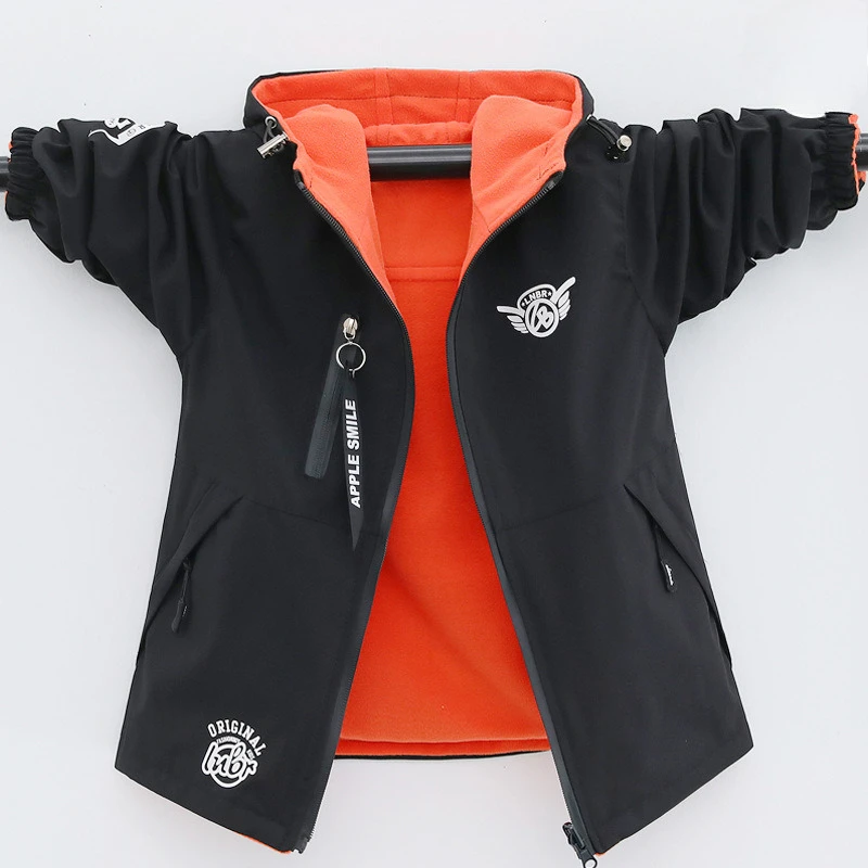 Kids Windbreaker Outdoor Jacket Teen Boy Clothes Double Sided Fleece Warm Coat Waterproof Children Sports Jakets Big Plus Size