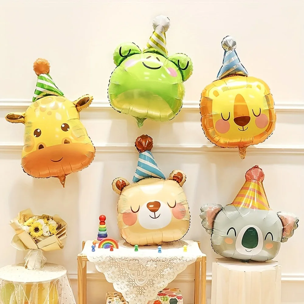 5/10 Stück Tierkopf-Geburtstagshüte aus Aluminiumfolie, Niedliche Hirsch-, Elefanten-, Löwen-, Bären-Ballons für Kindergeburtstage, Party-Geschenk, Foto-Requisiten
