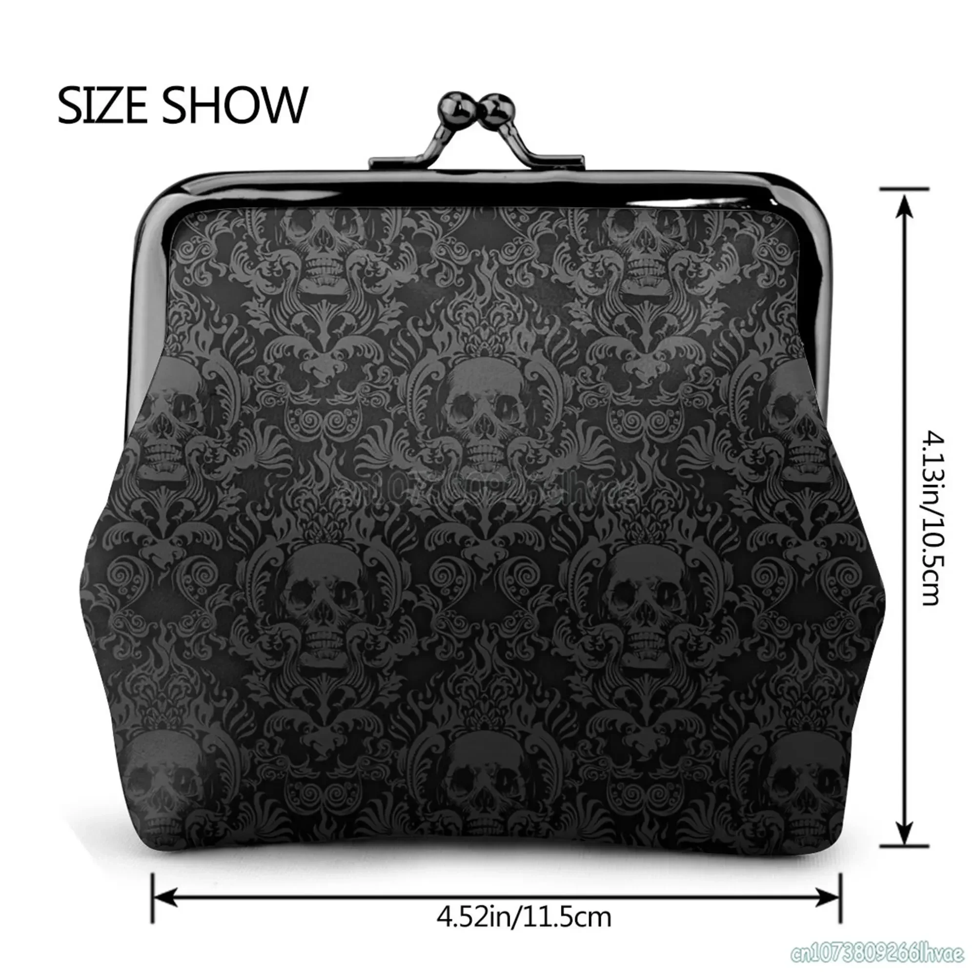 Black Skull Gothic Brocade Coin Pouch with Kiss Lock Closure Buckle Wallet for Girls Gift Women's Leather Coin Purse