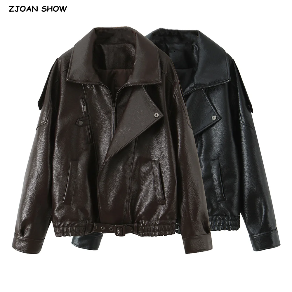 

2025 American Retro Brown PU Leather Jacket The Spice Girls Lapel Zipper Boyfriend Coat Women Elastic Hem Loose Outerwear Black
