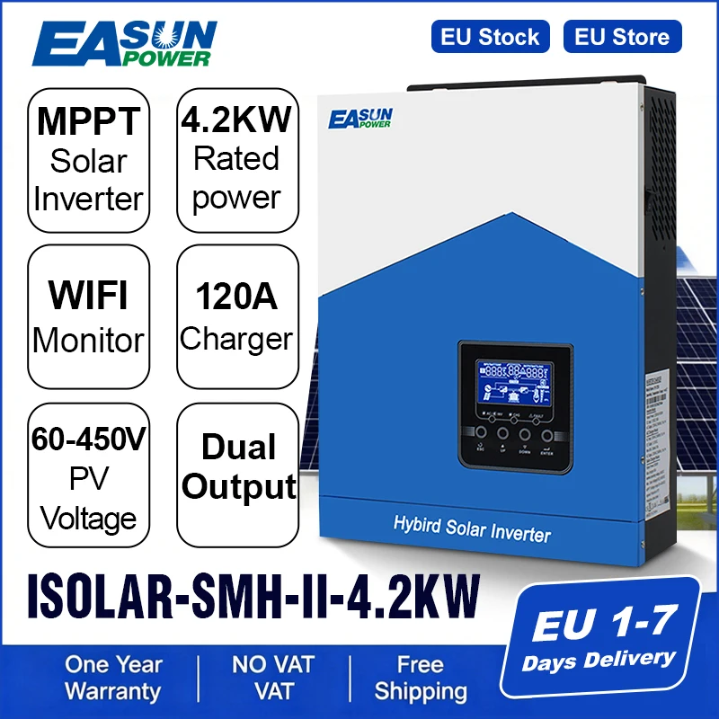 Easun Power 4200W 24V MPPT Solar Inverter Charger Hybride Off-Grid Dubbele Uitgang Zuivere Sinusgolf 120A 230V 50/60Hz Lader Energie