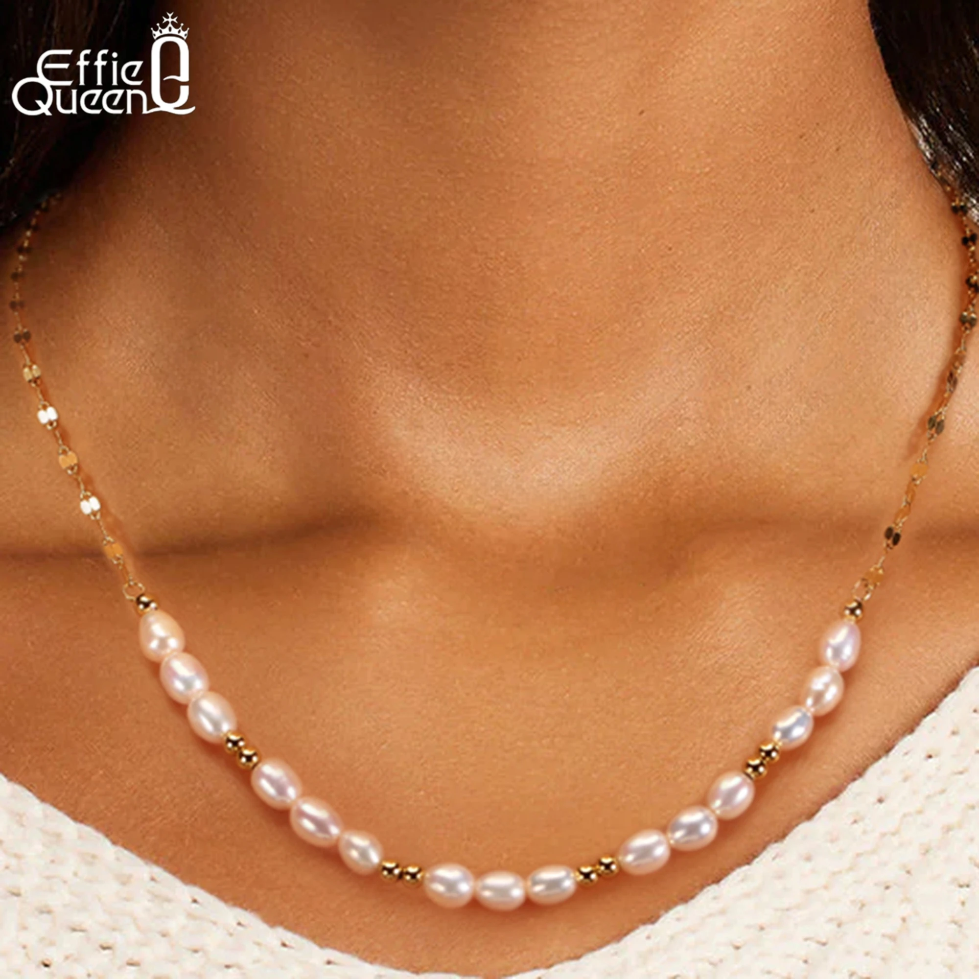

EFFIE QUEEN 100% S925 Silver 14k Gold Oval Pearl Beads Ball Strand Choker Necklace Natural Jewelry for Women Celebration GPN67
