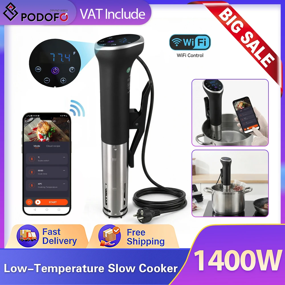 Cuisinière sous vide Podofo 1400W, étanche IPX7, cuisinière sous vide avec prise EU, commande à distance par application, affichage numérique et alarmes, minuterie