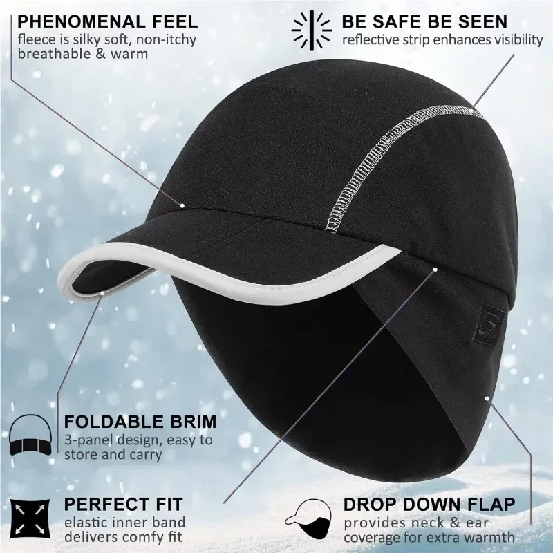 GADIEMKENSD Unisex Fleece Ball Cap - Drop Down Ear Warmer, Foldable Brim, Reflective for Winter Run