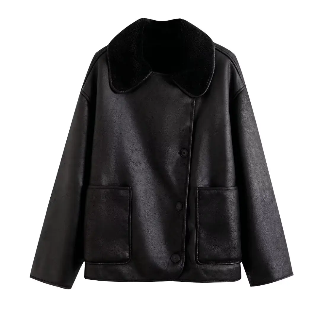 

2025 New Women's Warm Leather Jacket Fur Lining Single-Breasted Design Features Two External Pockets