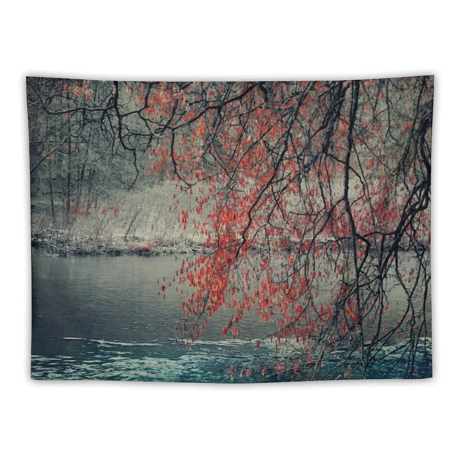 

By the River - Fall Mood and Red Foliage Tapestry Carpet Wall Tapete For The Wall Kawaii Room Decor Tapestry